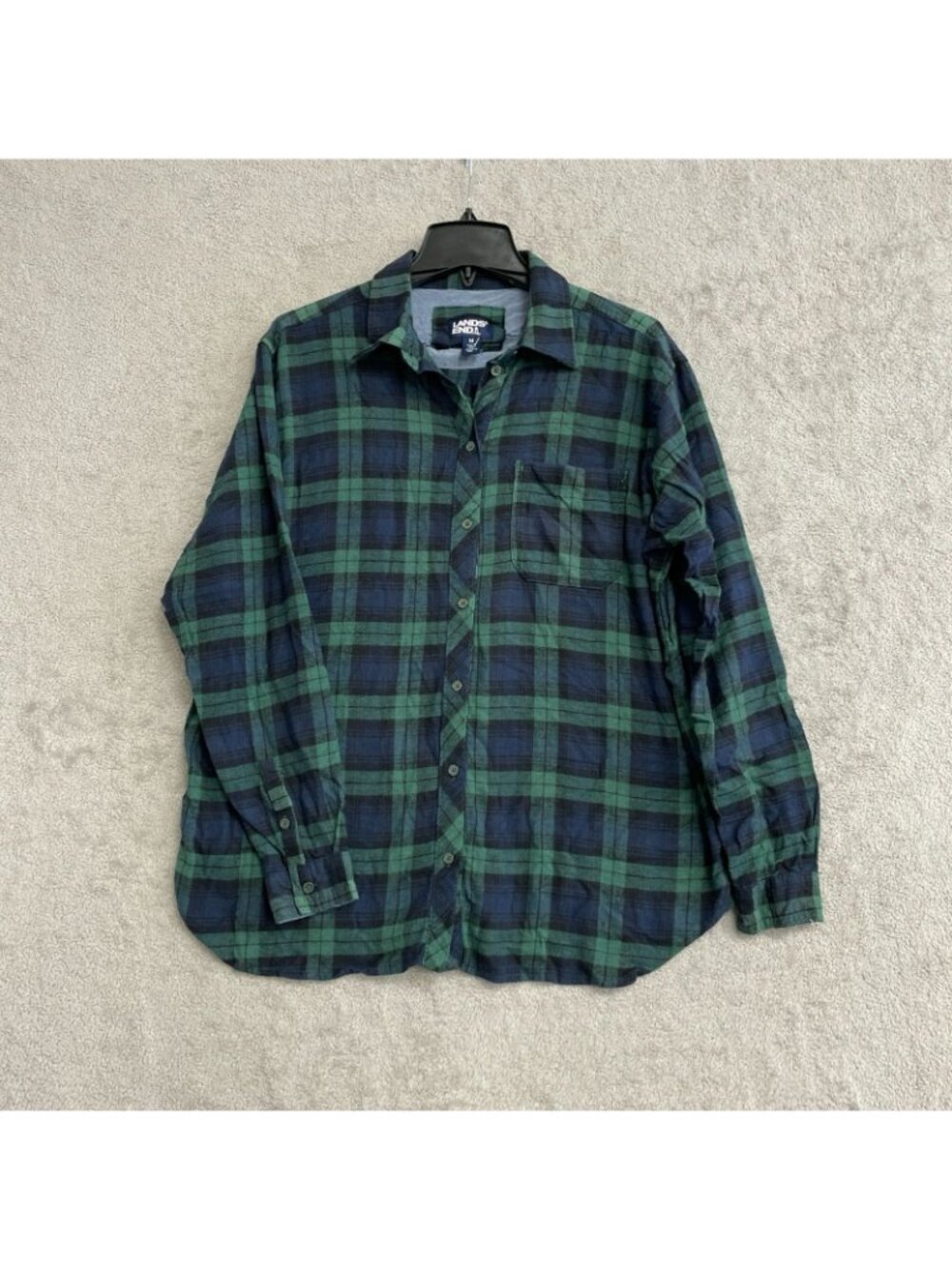Lands' End Women's M Green & Navy Plaid Button-Up Flannel Shirt Cotton B0472 - Picture 3 of 10